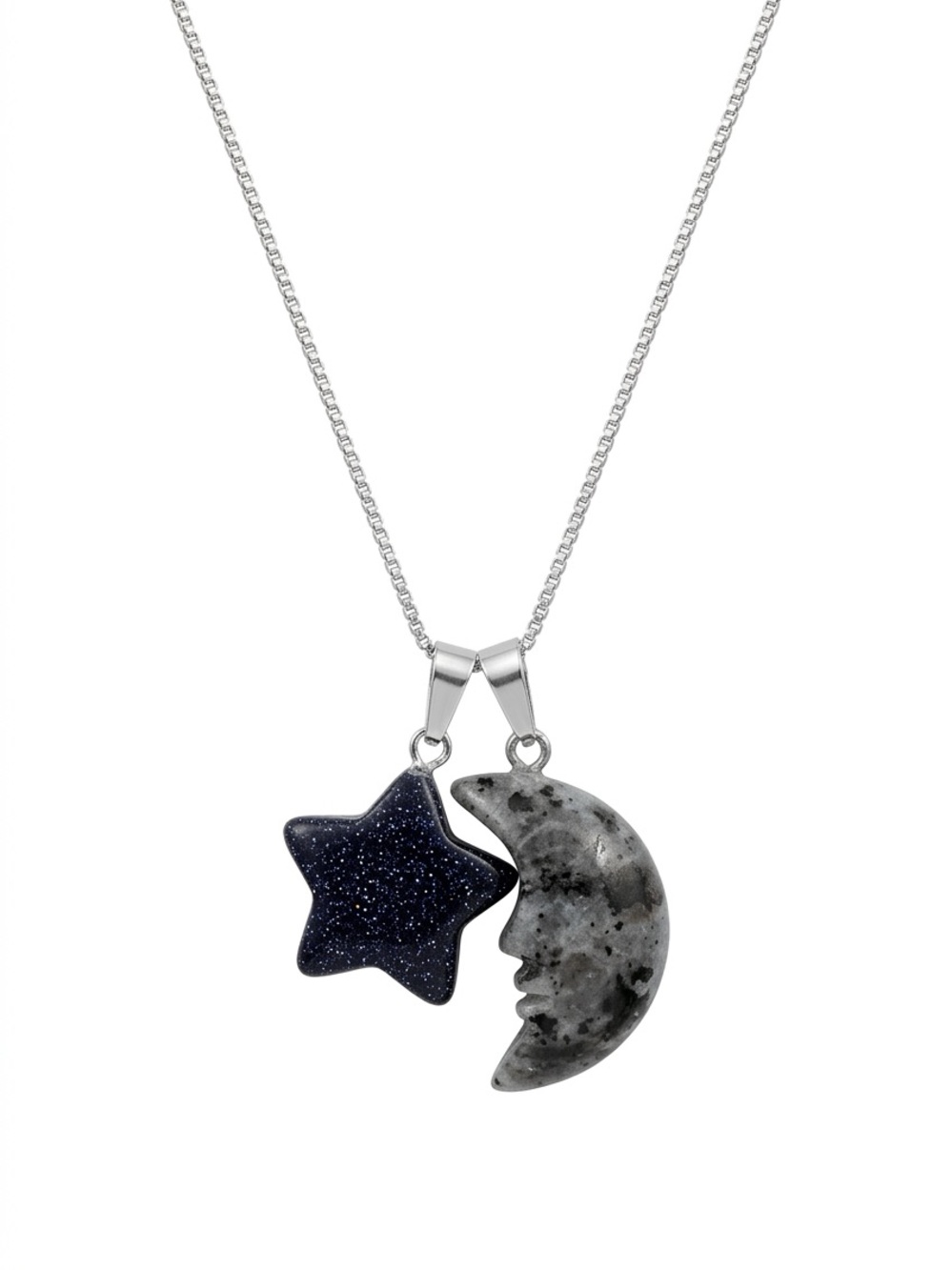 Boho hippie Larvikite Moon and Blue Goldstone Star Sterling Silver 16” Necklace